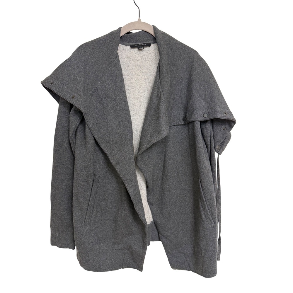 AllSaints Brooke Sweat Cardigan Gray Cotton Drape Neck Snap Wrap Jacket XS